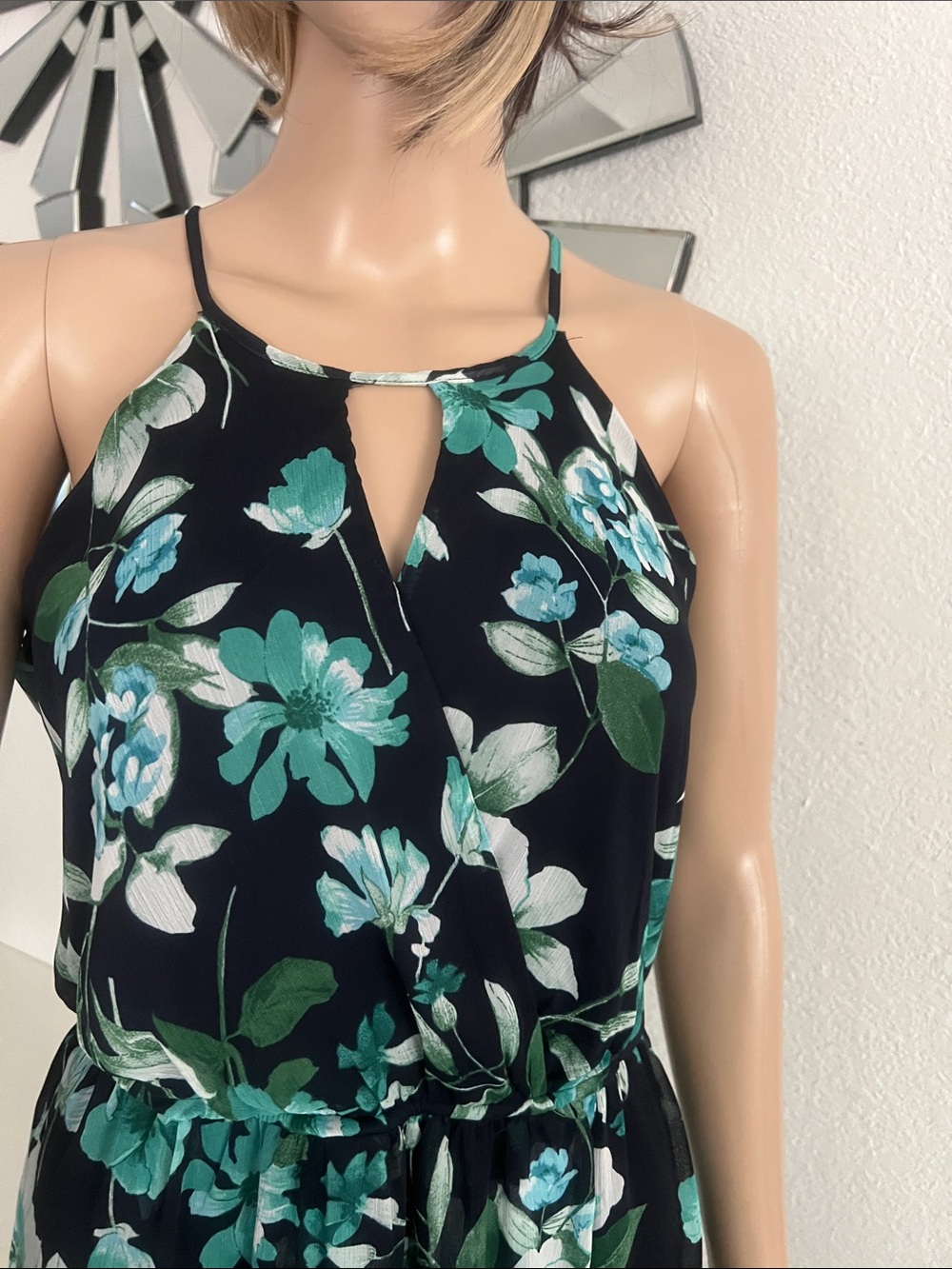 Enfocus Studio Maxi Dress black Teal & White Floral Print,elastic waist,size 8